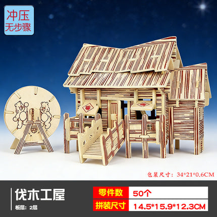 Wooden 3d 3d puzzle assembled building model youth diy style cottage educational toy small Western House