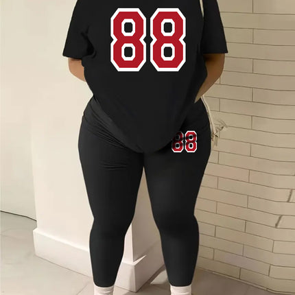 Fashion Versatile Digital Printing Casual Spring and Summer Short Sleeve Casual Loose Lightweight Breathable Leggings Set