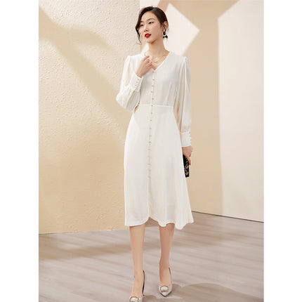 European Style White Velvet Silk Dress for Women 2025 New V-Neck French High-Waisted Mulberry Silk Long Dress