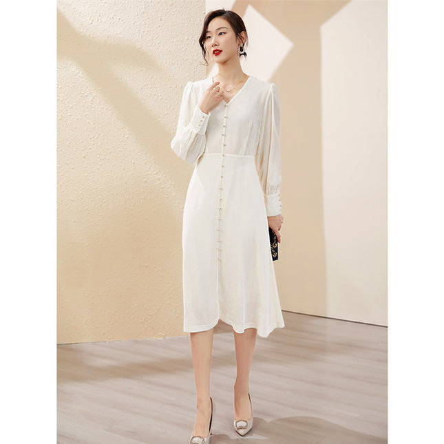 European Style White Velvet Silk Dress for Women 2025 New V-Neck French High-Waisted Mulberry Silk Long Dress