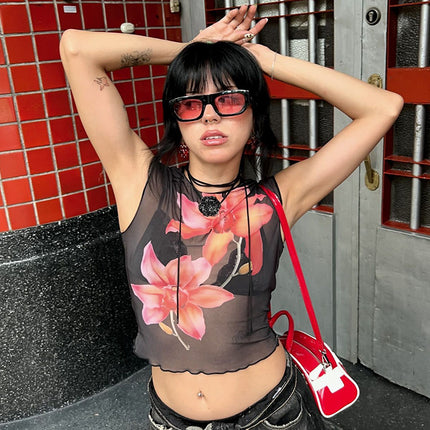 H053TP European and American Spice Girls 2024 Summer New Round Neck Sleeveless Niche Slim-Fit Slimming Printed Short Vest
