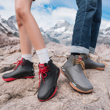 Men's and Women's Rain Boots, Mountain Waterproof Hiking Boots, Outdoor Mountaineering Rubber Shoes, Shoelace Design, Combat Boots, Rider Outdoor Waterproof Shoes