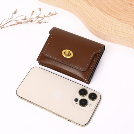 New Stylish Multi-Compartment Lock Buckle Card Holder Versatile Retro Mini Coin Purse Solid Color Trendy Women's Leather Wallet
