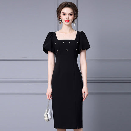 Zhili French-Style Feminine Dress 2026 Summer Handmade Rhinestone Puff Sleeves Side Slit Bodycon Dress That Enhances the Figure
