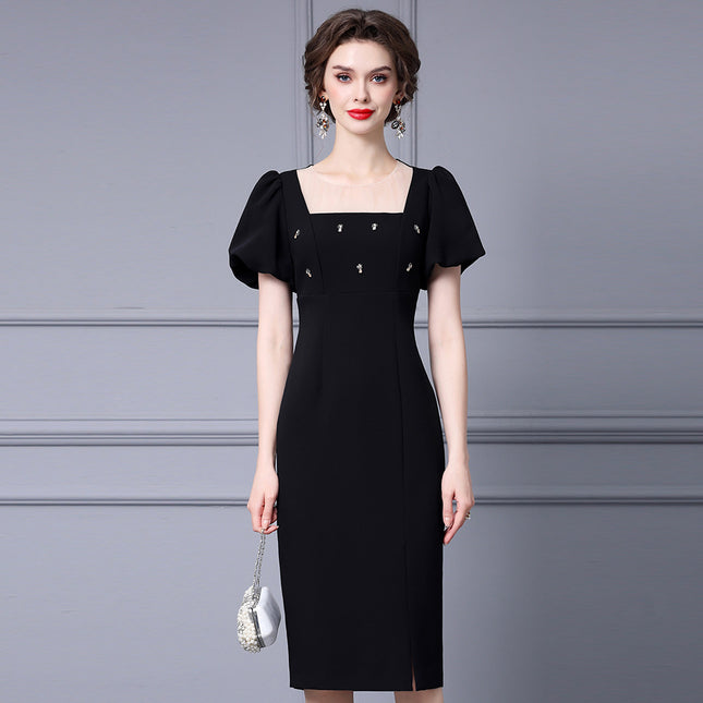 Zhili French-Style Feminine Dress 2026 Summer Handmade Rhinestone Puff Sleeves Side Slit Bodycon Dress That Enhances the Figure