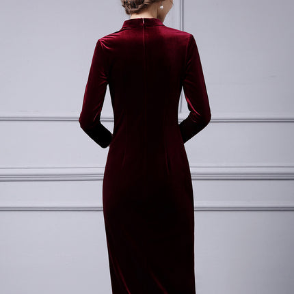 Zhili Lady Brand Women's Noble Elegant Stereo Cutting Pleated Waist Spring & Fall Bottoming Velvet Dress
