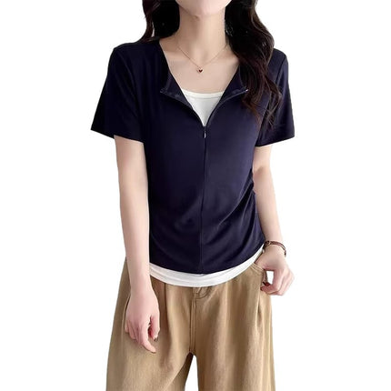 French Style Lace Stitching Design Sense Fake Two-piece Short Waist Tops Women's Summer Small Gray Short-sleeved T-shirt
