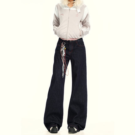 Retro Versatile Red Line Design Slim Wide-Leg Jeans Loose Straight Floor-Length Pants for Autumn 2025 by Li She