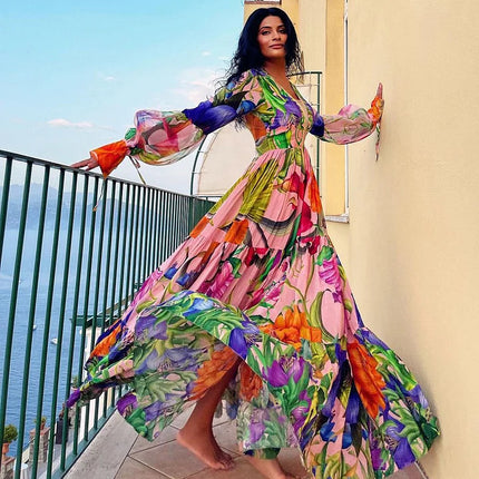 2024 Swimwear Cross-border Explosions Deep V-neck Lantern Long-sleeved Seaside Holiday Printed One-piece Swimsuit suit Women's 25153