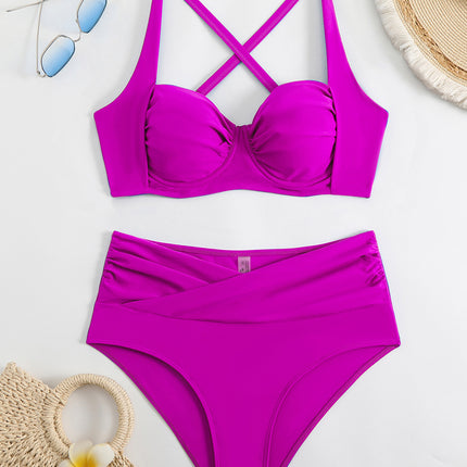 2025 European and American sexy new hard cup solid color high waist swimsuit bikini bikini cross-border TEMU foreign trade