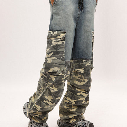 # OVDY Vintage Wash and Distressed Pants PROJECT G/R Stitching Camouflage Drawstring Tooling Denim Paratrooper Pants