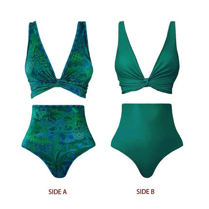 2024 European and American bikini New Green Double-sided Printed High Waist Split Swimsuit suit Women's Cross-border 25226