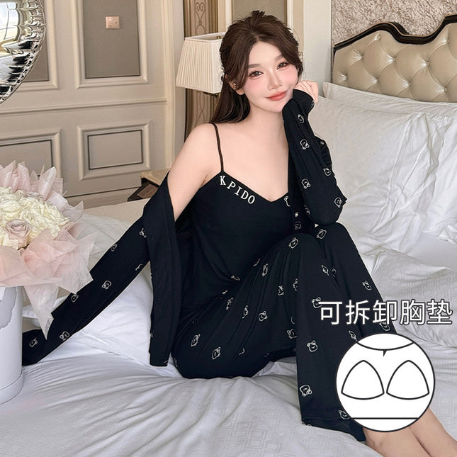 Vernis Spring and Autumn Pajamas Three-Piece Set Modal Bear Printed Drape Comfortable Home Clothes with Chest Pad for Women