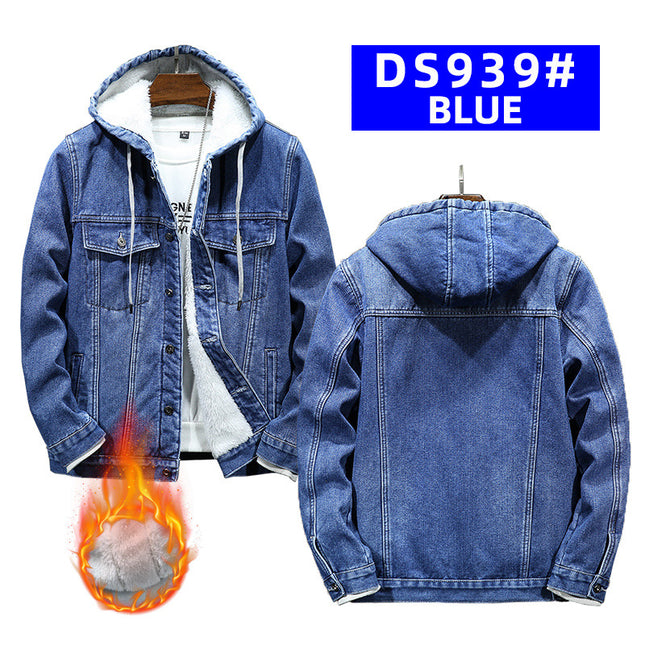 Cross-border new thick warm men's cotton-padded winter imitation lamb fleece cold-proof hooded fleece-lined Denim coat men