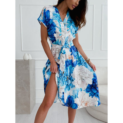 Amazon Cross-Border Export New Women's Fashion Floral Print V Neck Lace-Up Waist Dress for Women