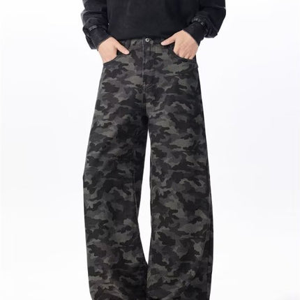 Camouflage Jeans for Men, Washed and Distressed, American Hip-Hop Style, Stylish Curved Knife Pants, Loose and Versatile Floor-Length Pants