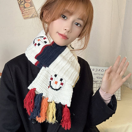 Christmas Gift ~ Smiling Snowman Scarf, Cute and Sweet Preppy Style Autumn and Winter Warm Woolen Scarf with Contrasting Colors and Versatile