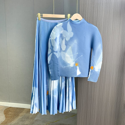 Early Autumn Pleated Fashion Stylish Design Printed High Neck Slim-Fit Stretch Long Sleeve Top Elastic Waist Skirt suit