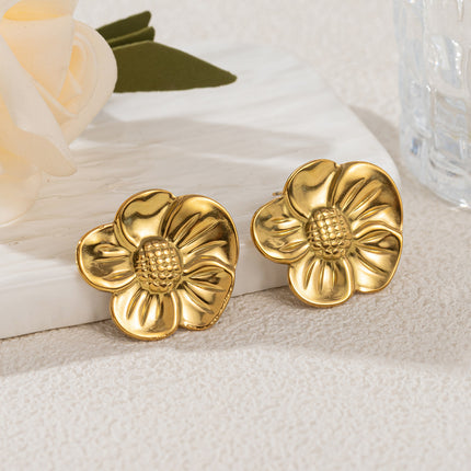 Sunflower stainless steel tiger eye stone female earrings Europe and the United States cross-border titanium steel 18k gold earrings high sense flower earrings