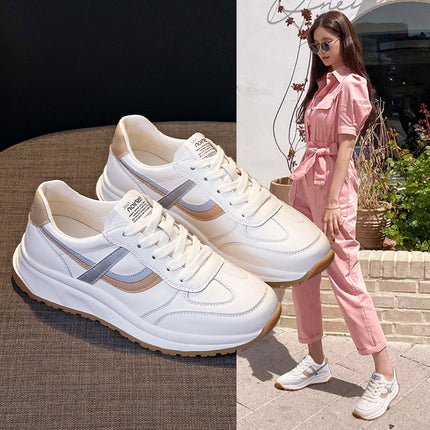 White Sneakers for Women with Platform Soles, 2026 Spring and Autumn New Versatile Trendy Waffle-Style Genuine Leather Sports Sneakers