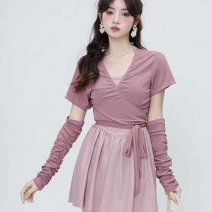 Sweet Bean Paste Color Ballet Girl Simple Sleeves Detachable Suspender Blouse to Cover the Flesh Hot Spring Seaside Swimsuit for Women