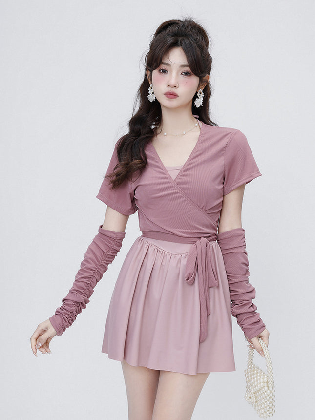 Sweet Bean Paste Color Ballet Girl Simple Sleeves Detachable Suspender Blouse to Cover the Flesh Hot Spring Seaside Swimsuit for Women