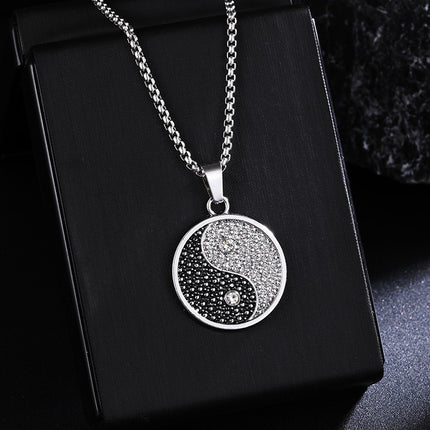 European and American Retro Diamond-encrusted Tai Chi Yin and Yang Transport Pendant Necklace Personalized Woolen Chain Fashionable Pendant Stainless Steel Accessories
