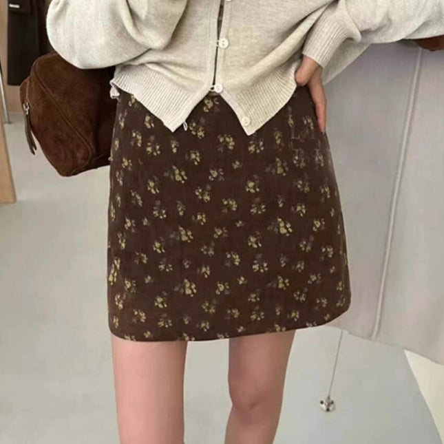 Corduroy Skirt for Women Spring & Fall New Style Invisible Zipper Floral Design A-Line Skirt Petite m Hip-Hugging Short Skirt