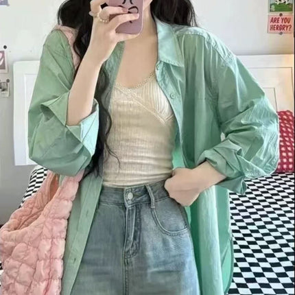 2025 Spring New Small Fresh Lake Green Cotton Long-sleeved Shirt Women's Loose All-match Slimming Shirt Cardigan Summer