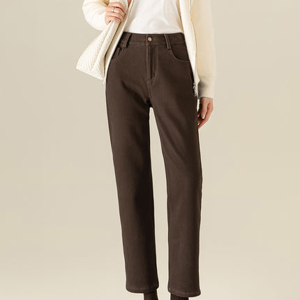Xinge Maillard Brown Jeans Women's fleece-lined Straight High Waist Slimming Stretch Cropped Pants