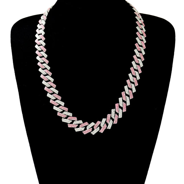European and American hip-hop pink white diamond diamond flip buckle chain Cuban chain necklace hipster exaggerated flashy sweater clavicle chain