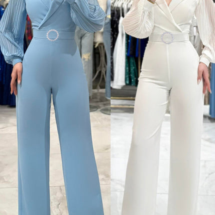 Cross-border 2025 Europe and the United States autumn and winter new chiffon stitching long sleeve women's jumpsuit INS office commuter jumpsuit