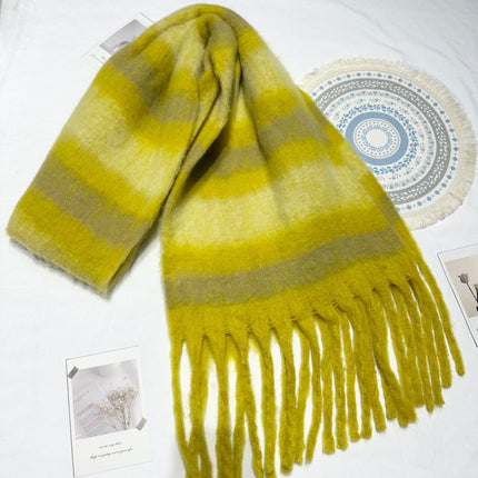 New Korean-Style Thick Striped Warm Winter Scarf for Women, High-Grade Mohair Green Neck Warmer for Men, Extended Shawl