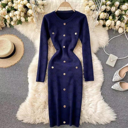 2025 Autumn/Winter Korean and Japanese Style Elegant Long Sleeve Slim Fit Versatile Bodycon Sweater Knit Dress 6241