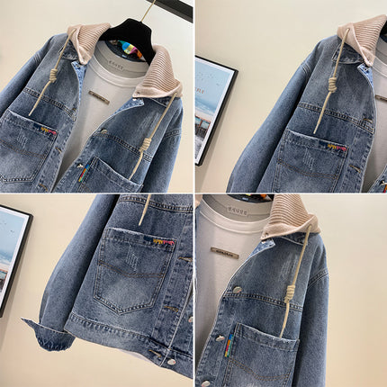 Denim Coat Women's 2024 Spring New Loose Korean Style Trendy Ins Detachable Cap Net Red Tooling Denim Clothes