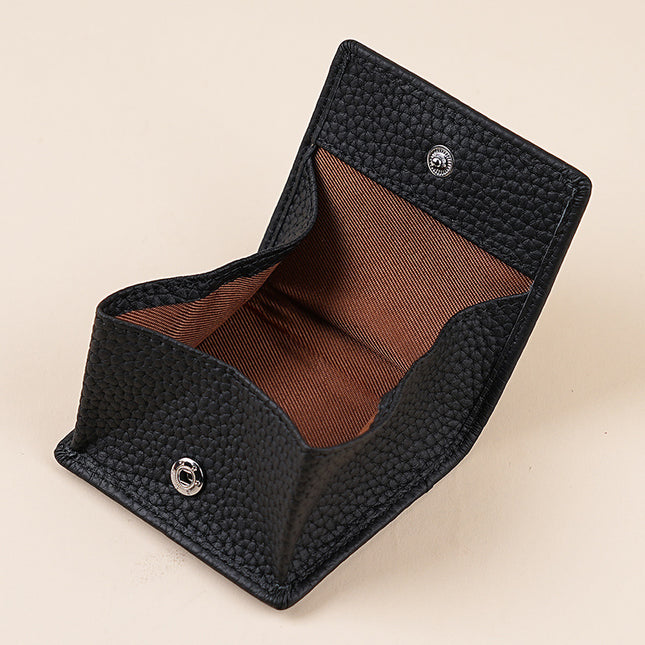 Mini Japanese-Style Genuine Leather Coin Purse for Women, Simple Short Coin Pouch with Pebbled Texture, Ultra-Thin Coin Storage Pouch for Women