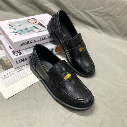 Natural Curly Genuine Leather Gold Coin Lazy Loafers for Women, Retro Elegant, Commuter Autumn and Winter New British Square Heel Small Leather Shoes
