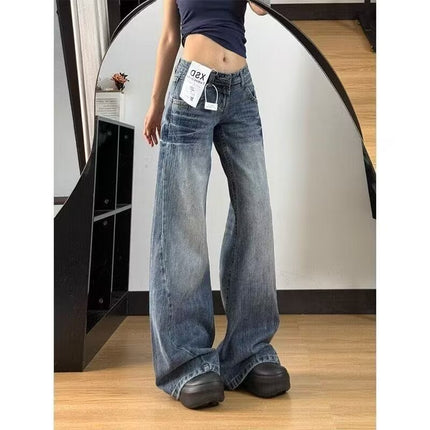 American Retro Creased Faded White Jeans for Women, Summer Low-Waist Slimming Loose Straight Wide-Leg Floor-Length Sycamore Pants