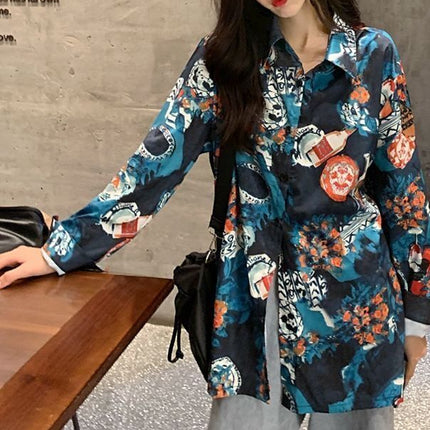 Personalized Printing ~ Retro Elegant Niche Hong Kong Style Long-Sleeved Shirt for Women Spring & Fall New Loose Casual Lapel Shirt