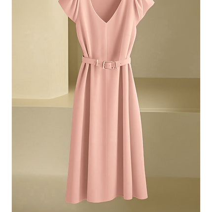 Amazon Spring and Summer New Skin-Friendly and Comfortable V-Neck Fashionable and Elegant Work Clothing Casual Pure Color Mid-Length Skirt & Without Belt