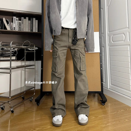 American Retro Clean Fit Slim Straight Jeans for Men Vintage Large Pocket Floor-Length Pants