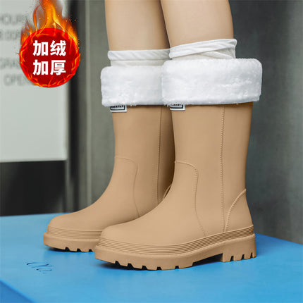Women's Thick-Soled Rain Boots for Outdoor Wear, Non-Slip Kitchen and Car Wash Water Shoes, Fleece-Lined and Thickened Rain Boots