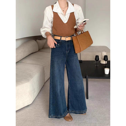 High-Waisted Spliced Raw Edge Straight Jeans for Women 2025 New Retro Stretch Non-Stick Wide-Leg Flared Pants