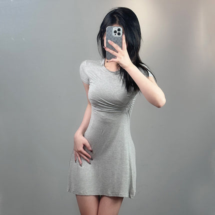 Korean Dongdaemun Slim-fit Sexy Tight Waist Figure Pleated Irregular Chest Large Short-sleeved Dress for Women