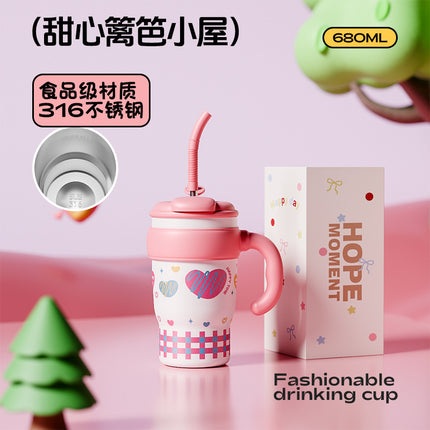 New Model Giant Double Drinking Straw Thermos Cup, Large Capacity Water Bottle for Women, High Aesthetic Value, Ice-Retaining with Handle