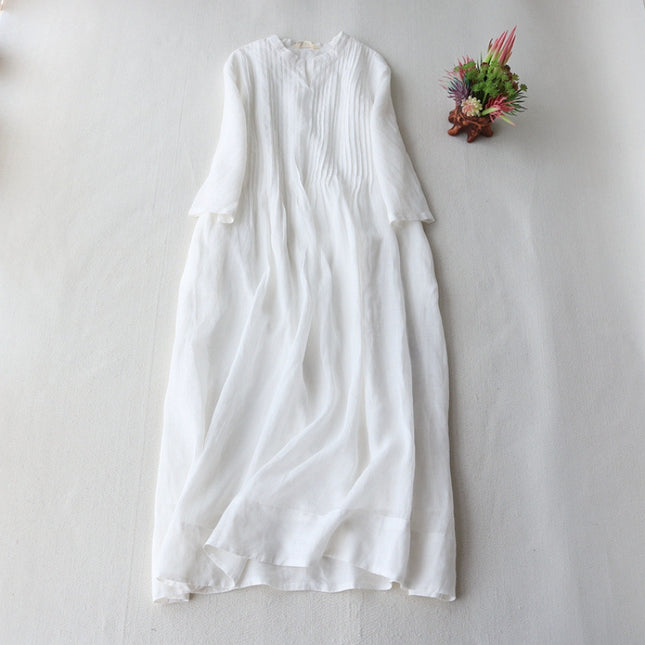 Small stand collar elegant organ pleated cropped sleeves loose elegant beautiful solid color dress women 2025 spring and summer