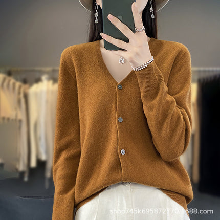 V-Neck Wool Knitwear for Women, Ready-Made Thin Autumn and Winter Work Clothing Slimming Look Elegant with 100% Wool Cardigan