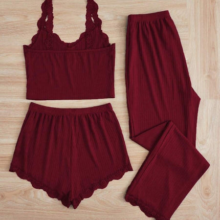 Lace Trim Three-Piece Set: Camisole, Shorts, Long Pants, Women's Slim-Fit Loungewear, Brushed Sleepwear