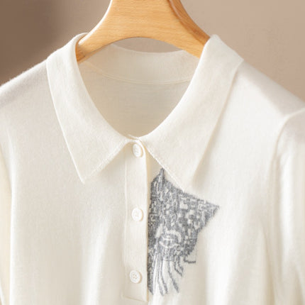 2026 Spring and Autumn Fine Knit Pure Cashmere Intarsia Short Sleeve 18-Gauge Thickened Thin Knit Sweater with Cat Head Design Versatile Knitwear
