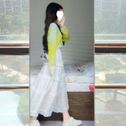 Gradient vignette 2024 new thin loose long sleeve sweater slimming cake skirt gentle style skirt suit